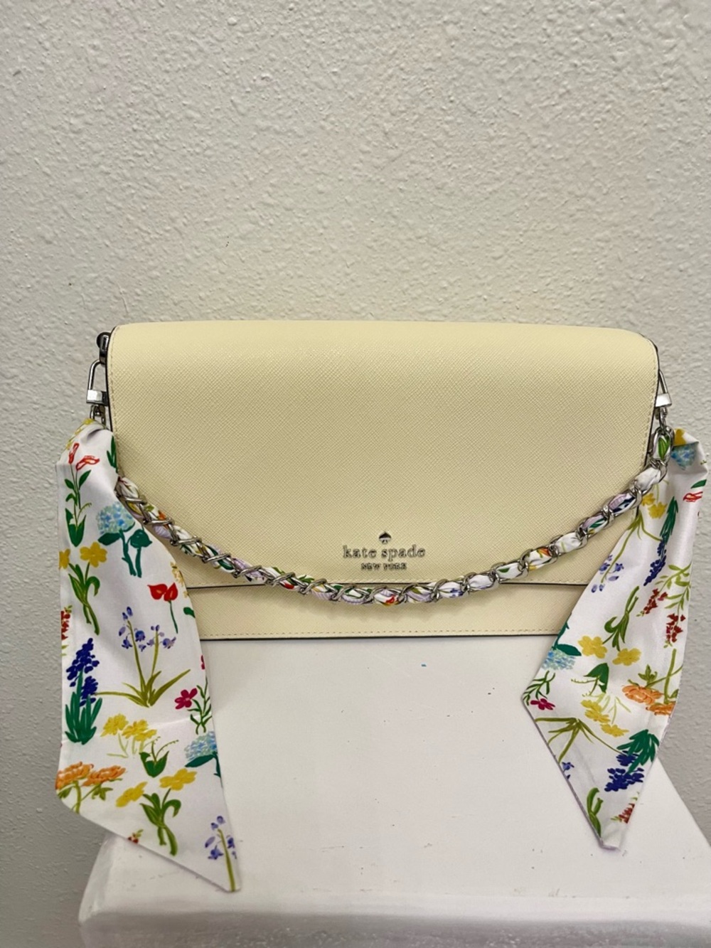 Bag Charm: silver bag chain strap w/Purple multi flower Scarf Strap